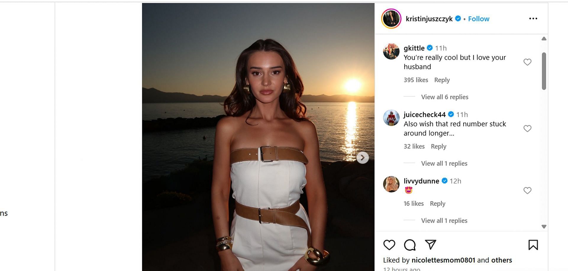 Olivia Dunne reacts as Kyle Juszczyk’s wife Kristin embraces sunset glow in bold strapless dress in Nevada/@kristinjuszczyk